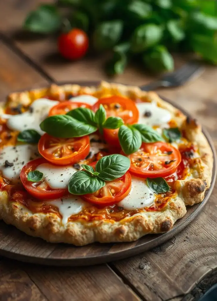 Pizza de base de coliflor con tomate, albahaca y mozzarella sin gluten